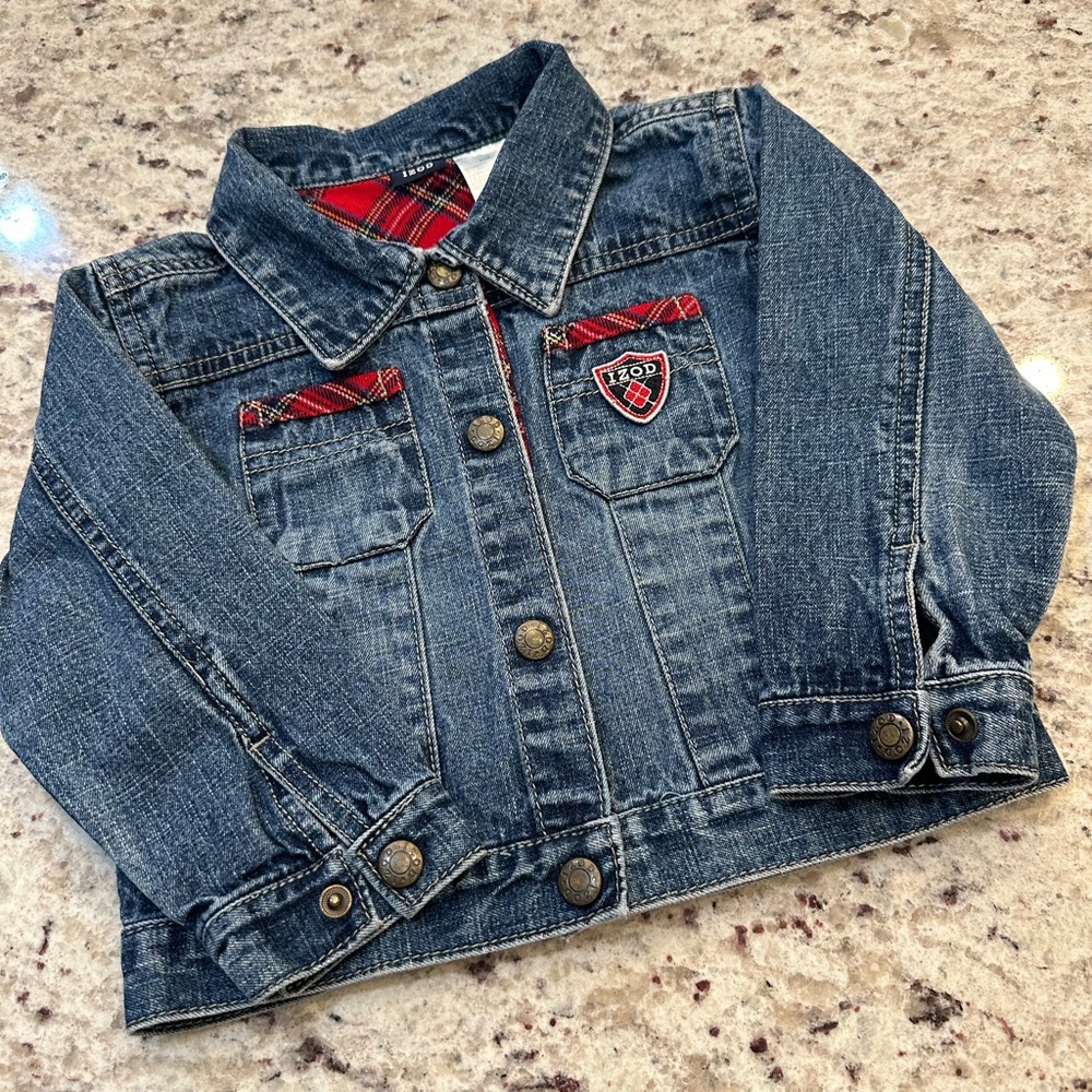 EUC Izod Blue Kids Denim Jacket with Red Plaid Accents, 24 months
